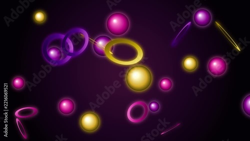 Abstract geometric shapes with glowing particles in a dark purple atmospheric background