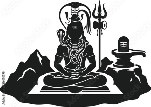 Lord Shiva set with Trishul, snake, and Shivling on mountain background for Maha Shivaratri