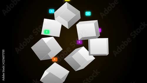 Abstract white cubes with colored dots rotating in a circle against a dark background
