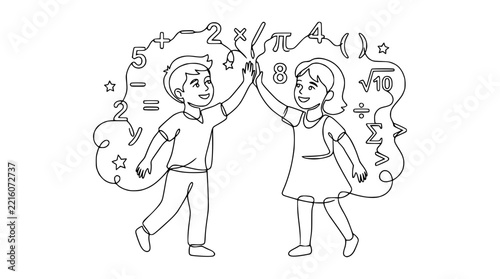 Obraz na plátně Children High Five Surrounded by Math Symbols, Isolated