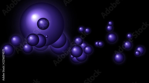 Luminous purple spheres growing and merging in darkness with subtle light flares