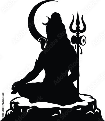 Maha Shivaratri divine vector art of Lord Shiva silhouette with Trishul and crescent moon on mountain