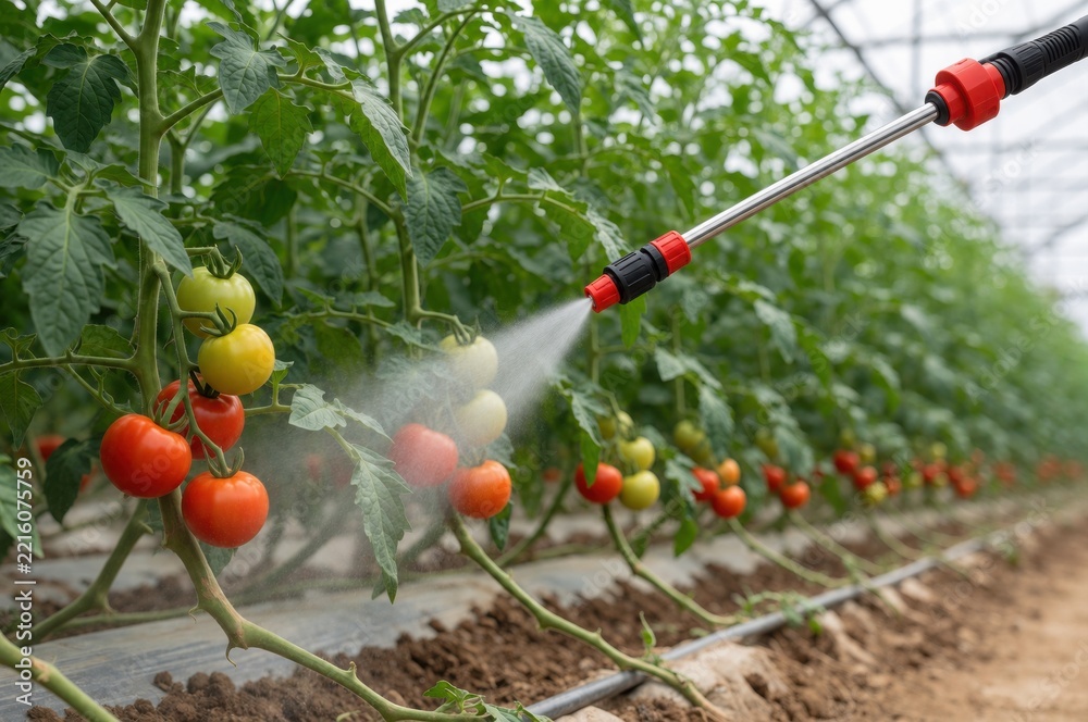 Naklejka premium An agricultural sprayer nozzle applies a fine mist to rows of growing tomatoes in a greenhouse.
