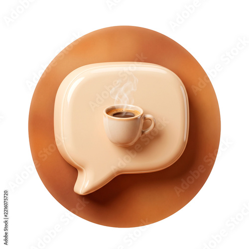 Warm steaming coffee cup resting on a speech bubble icon symbolizing conversation and autumn warmth PNG Isolated on transparent background