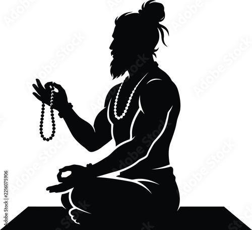 Sadhu meditating with Rudraksha mala prayer beads silhouette for Maha Shivaratri spiritual vector