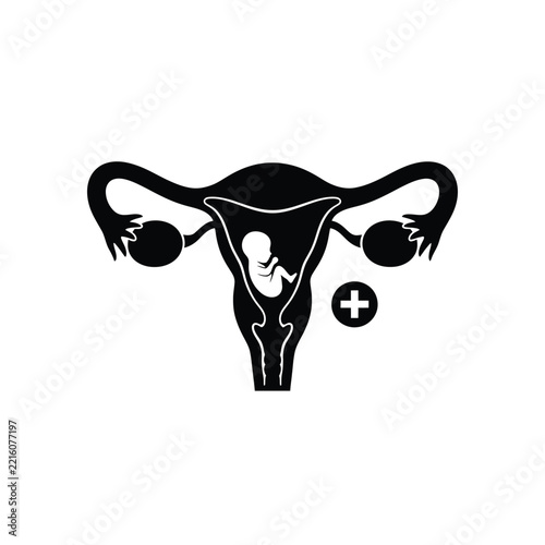 Uterus with fetus and medical cross icon.