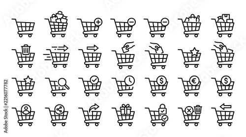 Black Line Shopping Carts Icons Set in Row