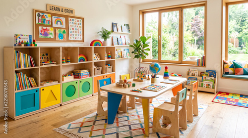 Modern preschool classroom interior with wooden furniture and educational toys