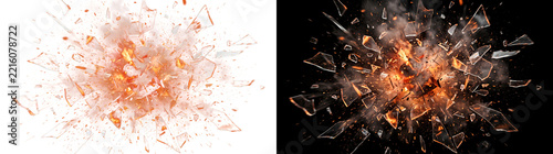 Obraz na plátně Explosion of shattered glass and fiery orange sparks for cinematic overlays in P