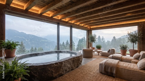 Luxury mountain spa interior with natural stone tub panoramic view and cozy wooden finish
