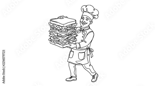 Happy Chef Holding Giant Stacked Sandwich, Isolated Line Art