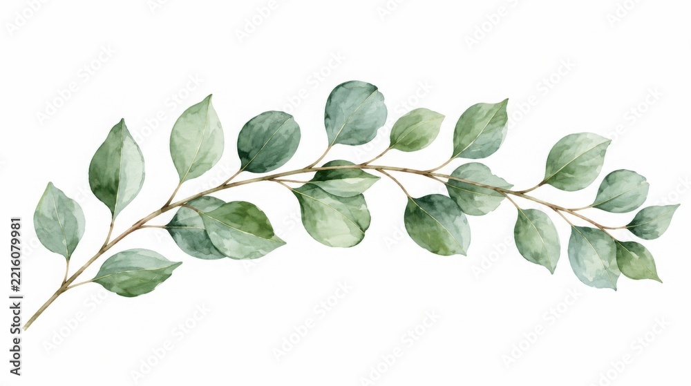 Fototapeta premium A single watercolor branch with small green leaves isolated on a white background, for floral