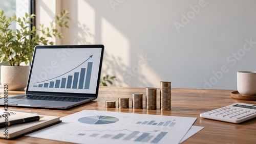 Professional business workspace featuring laptop charts coins calculator and data analysis documents on wooden desk office setup
