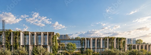 Modern sustainable office architecture building with vertical gardens and green facade design under beautiful sunny blue skies
