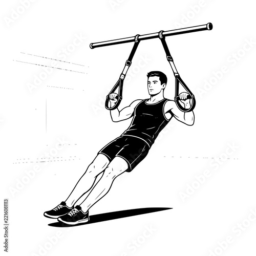 Black and White Vector SVG of a young man performing TRX suspension training with hanging straps