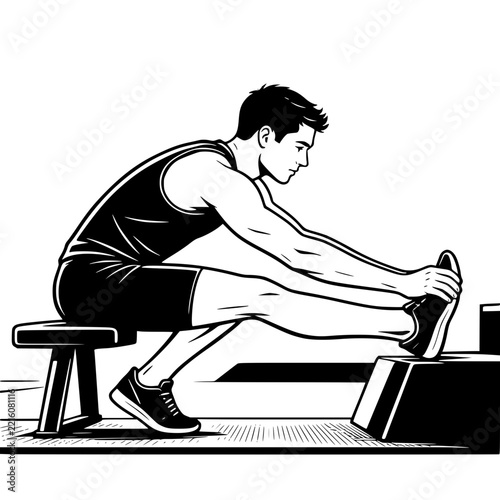 Black and White Vector SVG of a young man stretching his hamstrings after an intense workout