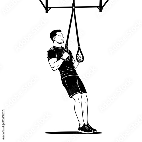Black and White Vector SVG of a young man performing TRX suspension training with hanging straps