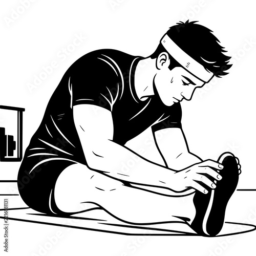 Black and White Vector SVG of a young man stretching his hamstrings after an intense workout