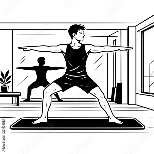 Black and White Vector SVG of a young man performing a yoga warrior pose inside a fitness studio
