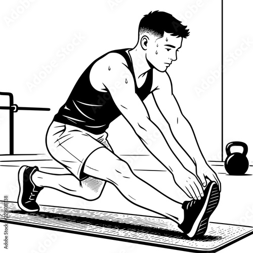 Black and White Vector SVG of a young man stretching his hamstrings after an intense workout