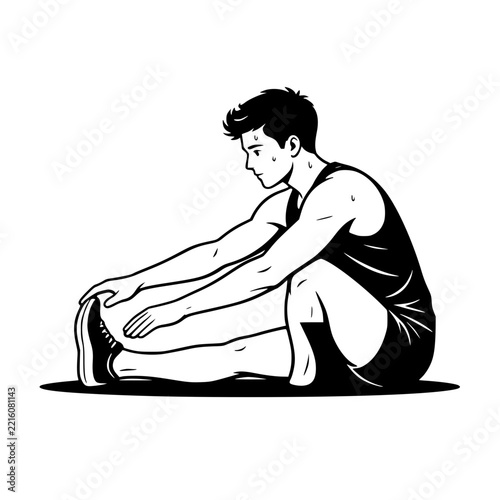 Black and White Vector SVG of a young man stretching his hamstrings after an intense workout