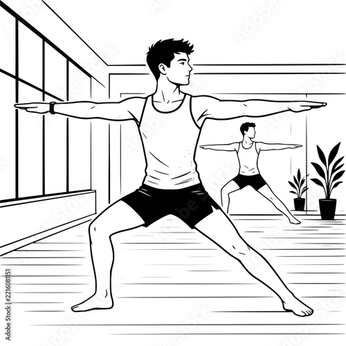 Black and White Vector SVG of a young man performing a yoga warrior pose inside a fitness studio
