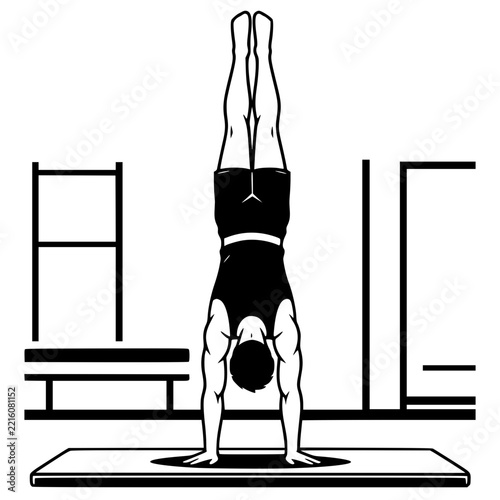 Black and White Vector SVG of a young man practicing a handstand on a gym mat