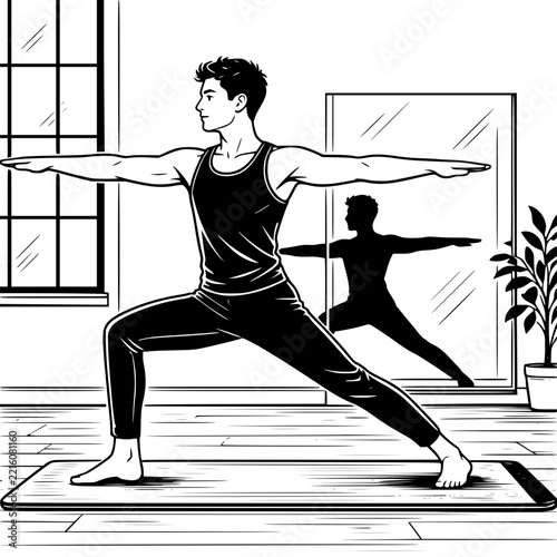 Black and White Vector SVG of a young man performing a yoga warrior pose inside a fitness studio