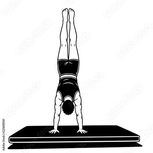 Black and White Vector SVG of a young man practicing a handstand on a gym mat