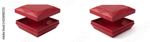 Diamond shaped gift box in glossy ruby red with a faceted lid floating above the open base on a clean white background for luxury packaging mockups