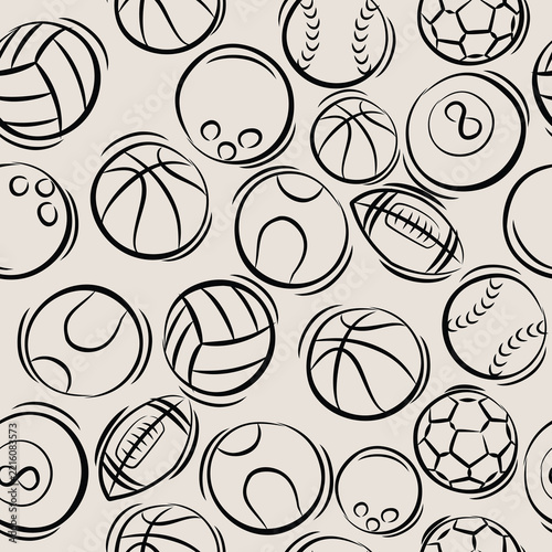 Sports Balls Seamless Pattern Background, hand drawn vector illustration