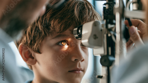 Closeup of a child undertaking an eye examination at an eye clinic, ophthalmologist carefully checking the patient's vision and eye health 