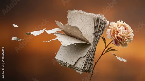 Torn Book Pages Fluttering Near Delicate Peony Flower, Soft Warm Background