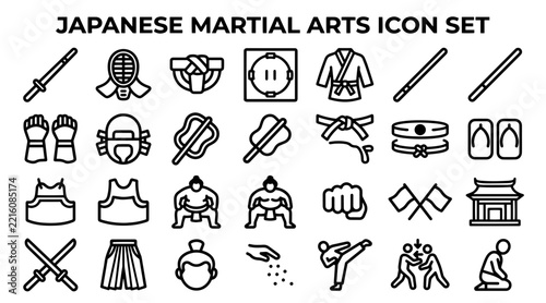 Japanese martial arts icon set featuring kendo gear sumo wrestlers