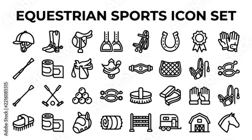 Equestrian sports icon set featuring horse riding equipment and