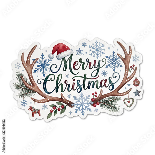 Nordic Watercolor Merry Christmas Typography with Snowflakes and Reindeer Antlers. Sticker Style on a White Background