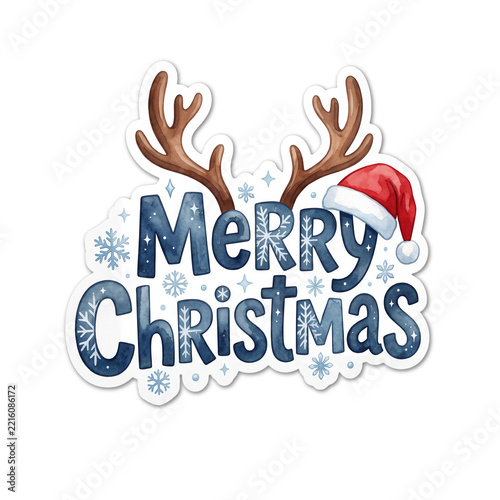 Playful Watercolor Merry Christmas Design with Reindeer Antlers and Santa Hat. Sticker Style on a White Background