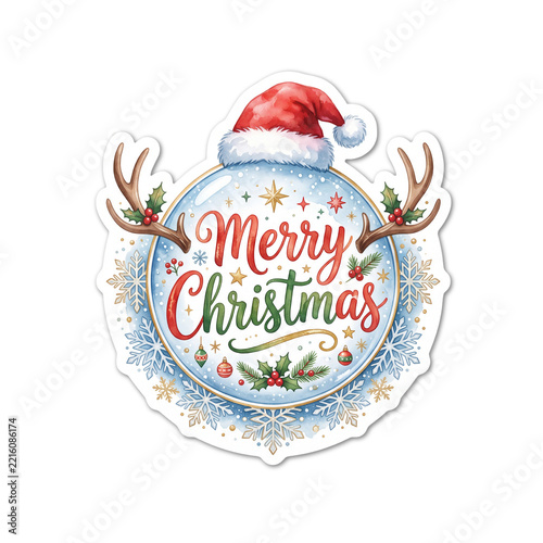 Watercolor Merry Christmas Snow Globe Badge with Santa Hat and Antlers. Sticker Style on a White Background