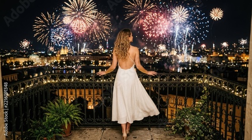 Woman in white dress watching fireworks from balcony, city skyline at night