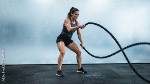 Woman training hard with battle ropes in a gym, intense crossfit workout
