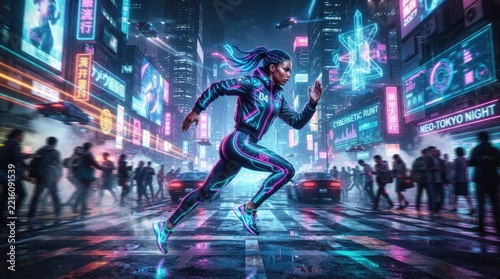 Woman running in neon city at night, futuristic cyberpunk urban street
