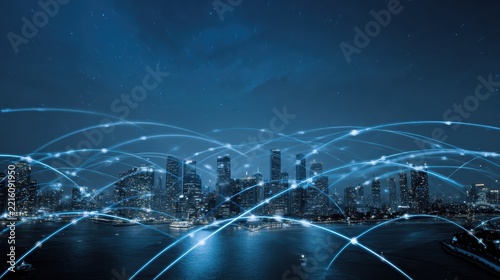Smart city skyline with glowing blue neon data network lines connecting modern buildings at night for 5G, big data, and futuristic digital technology concept