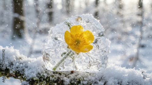 Yellow Flower Frozen in Ice on Snowy Branch in Winter Forest