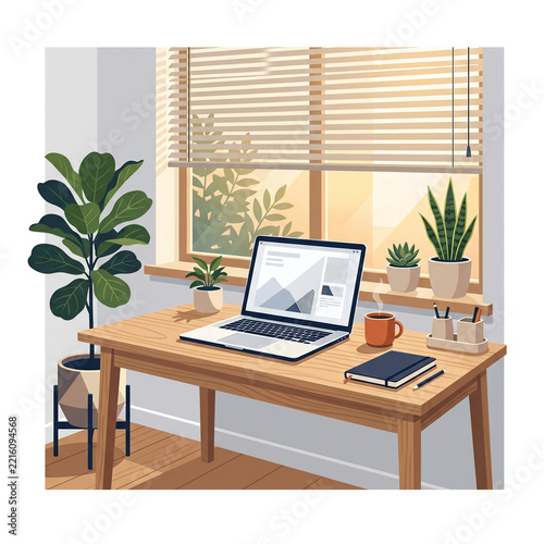 Cozy Home Office Workspace with Laptop and Indoor Plants