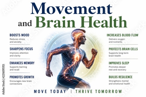 Movement and brain health poster featuring human anatomy highlights neuro benefits. concept of exercise, brain function, physical health.