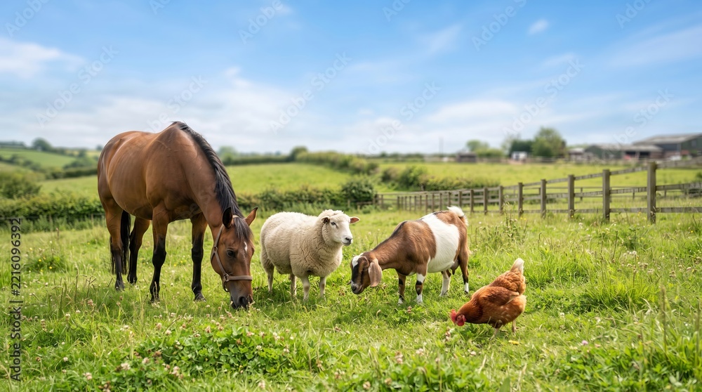 Fototapeta premium Animals grazing on a green summer pasture. Horse, sheep, goat and hen eating grass in a farm field. Domestic livestock in natural rural landscape. Agricultural life and animal husbandry