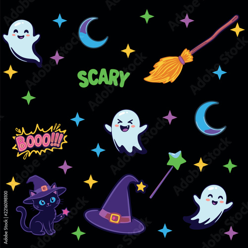 Cute kawaii Halloween vector set with cute ghosts, black cat wearing a witch hat, magic broom, crescent moon, stars, and spooky lettering. Fun cartoon spooky elements, patches, and stickers design iso