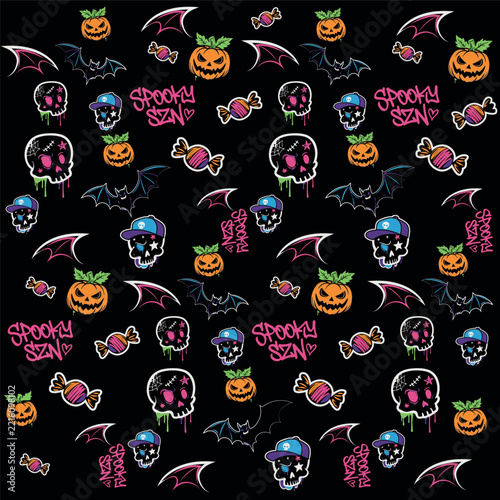 Spooky SZN seamless pattern vector design with graffiti lettering, skulls, jack-o'-lantern pumpkins, bats, candy, and devil wings. Alternative urban style Halloween background, patches, and stickers p