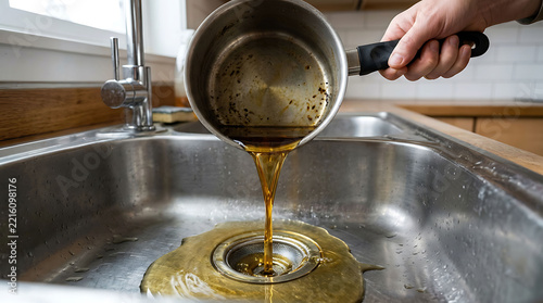 Person Pouring Used Cooking Oil Down The Kitchen Sink Drain for Plumbing Issue