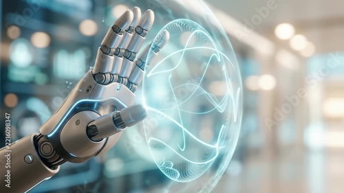 Robot Hand Ethical Artificial Intelligence Stop Gesture Hologram Interface Concept with Futuristic Technology in Modern Blurred Environment